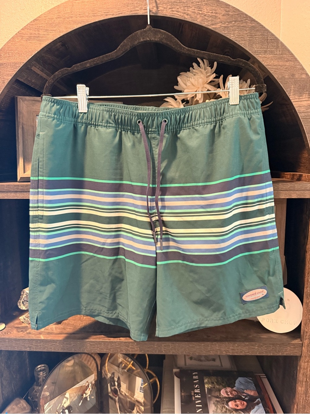 Vineyard Vines Green Swim Trunks with Multi-Color Stripes